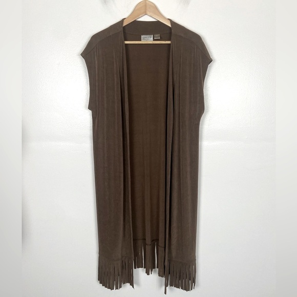 Chico's Travelers Cardigan Size 2 US L Brown Short Sleeve Fringe Open Front USA - Picture 1 of 5